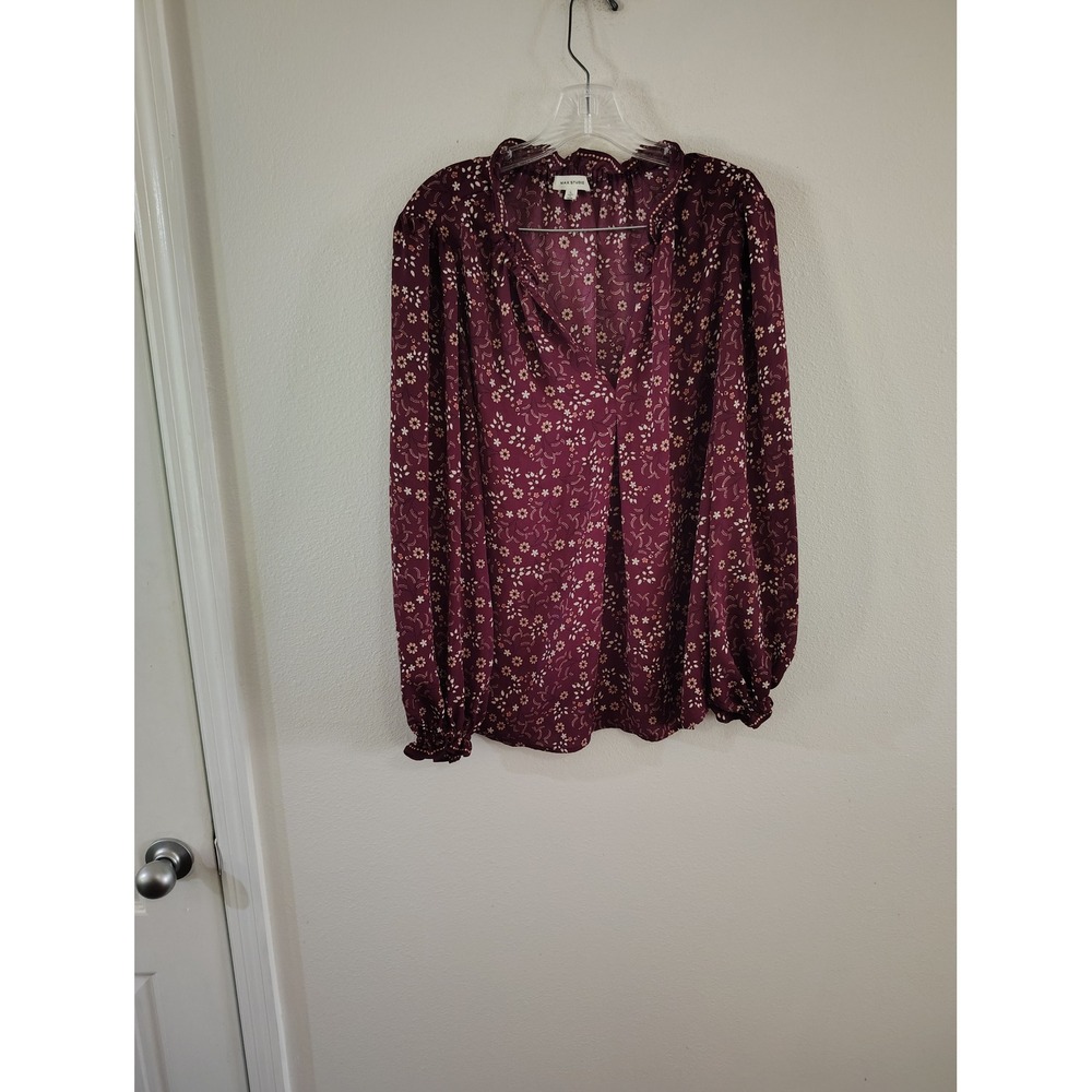 Max Studio Burgundy Floral Ruffle V-Neck Blouse Long Sleeve Smocked Cuff Large